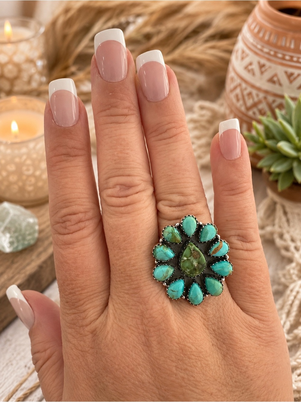 Turquoise Cluster Statement Ring - Green/Blue Gemstones Sterling - Picture 2 of 6
